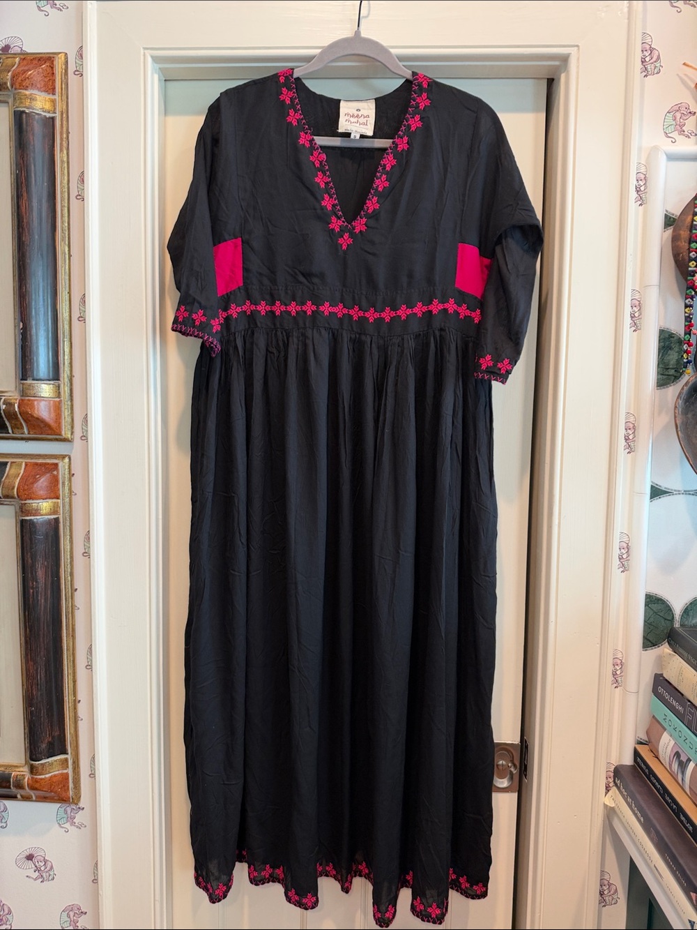 Handmade Black Maxi Dress with Pink Embroidery